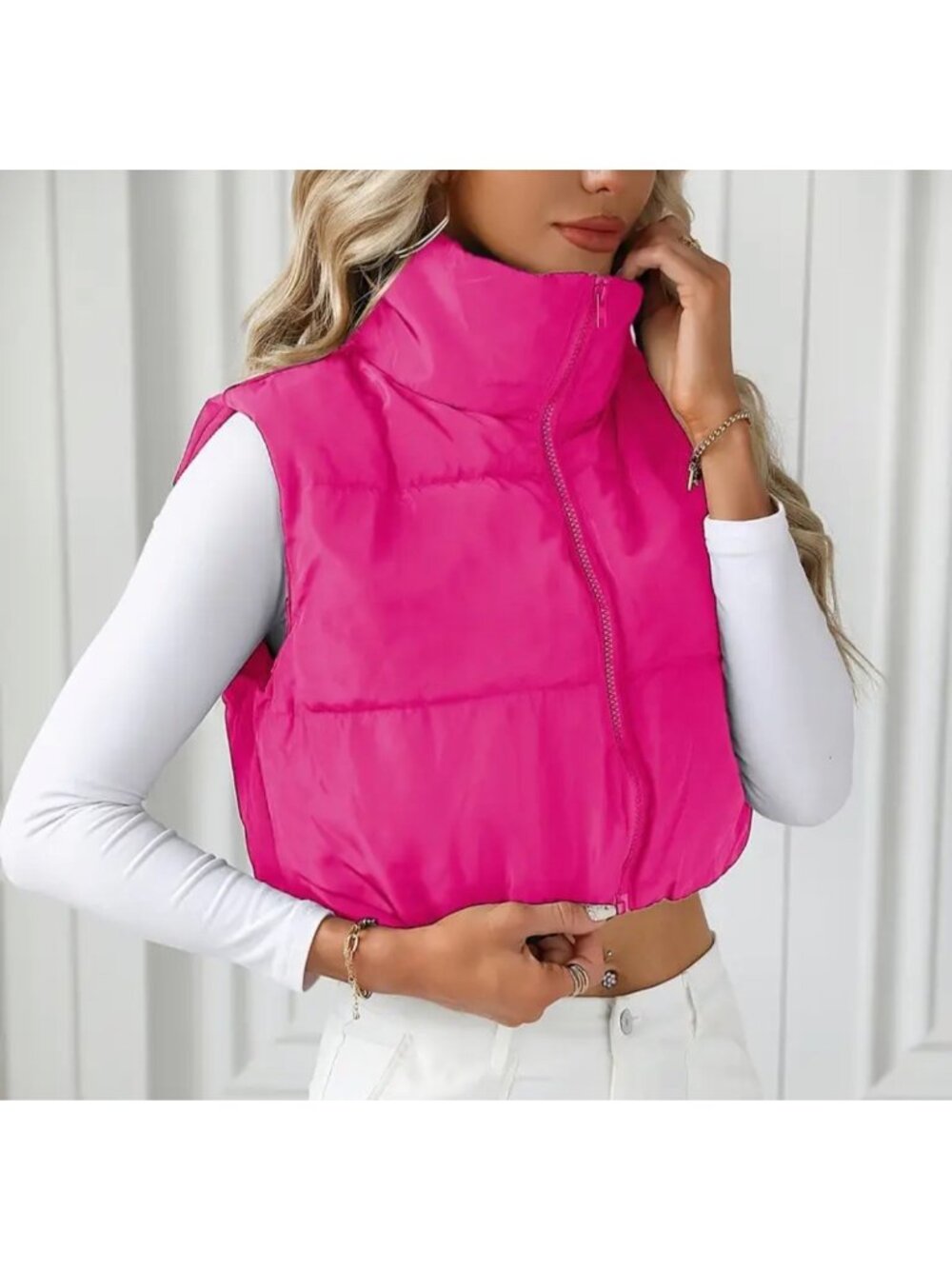 Hot Pink Cropped Puffer Vest Lg With Front Zipper Closure & High Neck